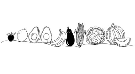 Minimalist Fresh Produce Lineup: Appetizing Fruits and Vegetables in Elegant Continuous Outline, Ideal for Nutrition Marketing and Healthy Lifestyle Promotion, Modern Line Art Style on Cream Backdrop,