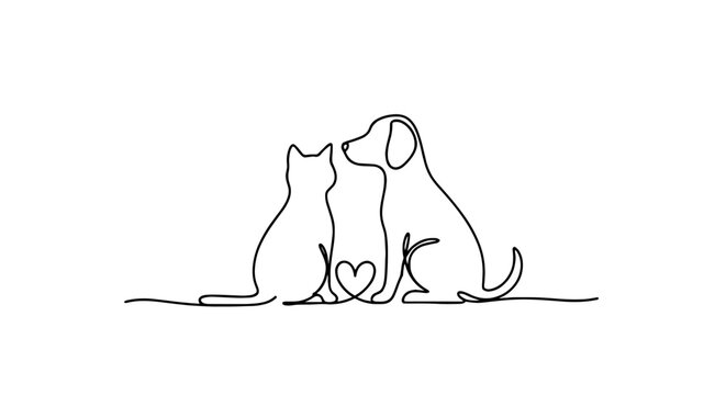 Minimalist Line Art: Cat and Dog Friendship Illustration on White Background for Pet-Related Designs and Veterinary Projects, Emblem Design, Animal Companionship, Modern Graphic, Veterinary Care, Affe