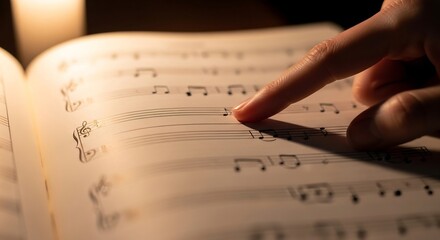 Hand pointing to a music note in a sheet music book illuminated by candlelight