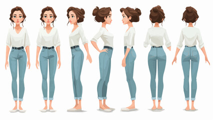 Fototapeta premium Cartoon character poses showing a woman in jeans and a white shirt from different angles and perspectives