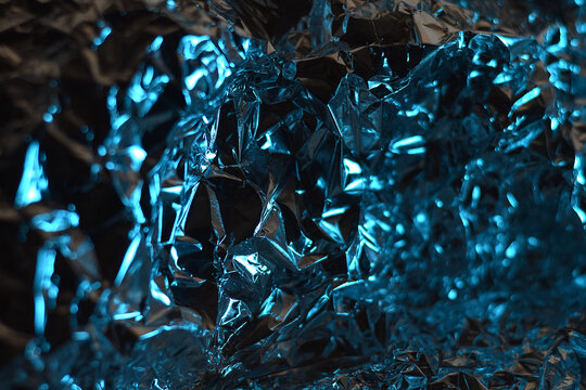 Metallic Blue Wrinkled Foil Abstract Background. Artistic abstract photo of crumpled metallic blue foil illuminated with soft highlights and deep shadows.
