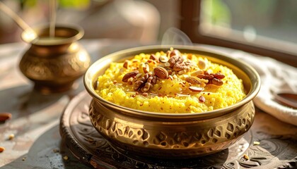 Golden Rice Pudding Topped with Nuts and Seeds Served in an Ornate Brass Bowl with Soft Sunlight Streaming from a Window