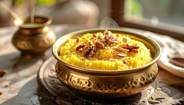 Golden Rice Pudding Topped with Nuts and Seeds Served in an Ornate Brass Bowl with Soft Sunlight Streaming from a Window