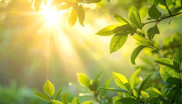 Golden sunbeams pierce through lush green leaves creating a vibrant natural scene with sparkling dew drops in the daylight - Powered by Adobe