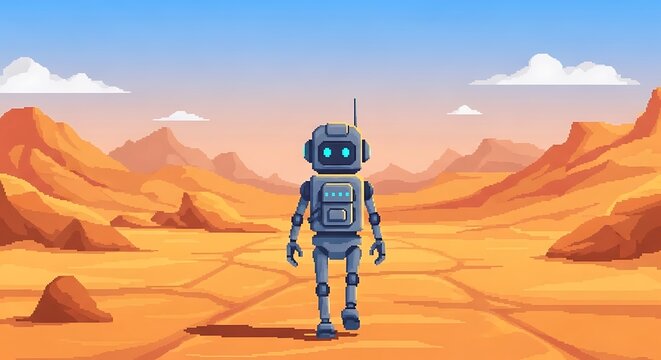 Futuristic android character trekking across an arid martian landscape.