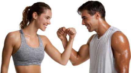 Fitness Partnership: A fit woman and man fist bump, a display of strength, happiness, and motivation in the fitness journey. capturing the pure joy and triumph.