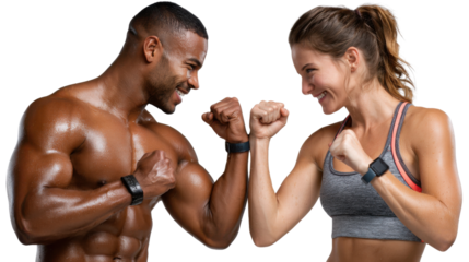 Dynamic Duo: A dynamic duo embodying the spirit of fitness, locking eyes, flexing their arms in a moment of playful competition and mutual motivation. 