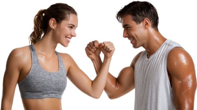 Fitness Partnership: A fit woman and man fist bump, a display of strength, happiness, and motivation in the fitness journey. capturing the pure joy and triumph. - Powered by Adobe