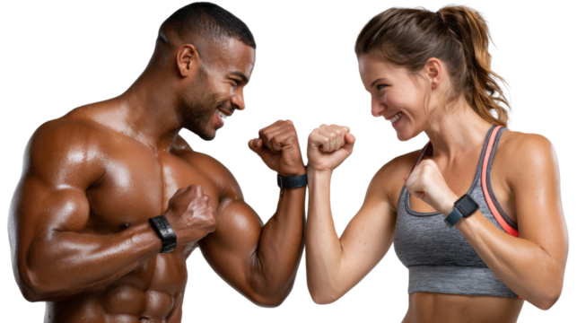 Dynamic Duo: A dynamic duo embodying the spirit of fitness, locking eyes, flexing their arms in a moment of playful competition and mutual motivation.  - Powered by Adobe