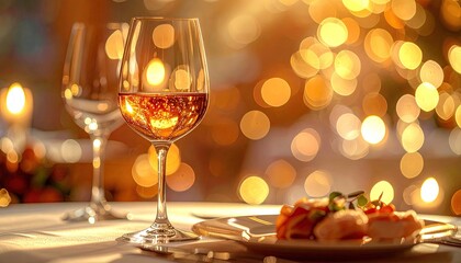 Elegant Table Setting With Two Wine Glasses And Appetizers In Soft Golden Bokeh Light Romantic Ambiance For A Special Dinner Occasion