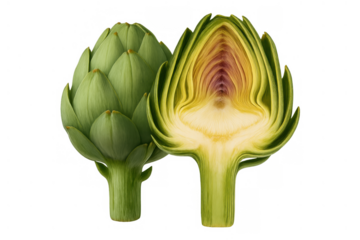 Artichoke whole and cross section showing fresh green vegetable, healthy raw food ingredient, transparent background