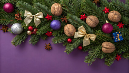 Fototapeta premium Christmas decoration with lights on purpe background
