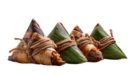 Dragon Boat Festival Delights: Close-up studio shot of a delicious assortment of Zongzi, the traditional sticky rice dumplings wrapped in aromatic leaves, artfully tied with twine.