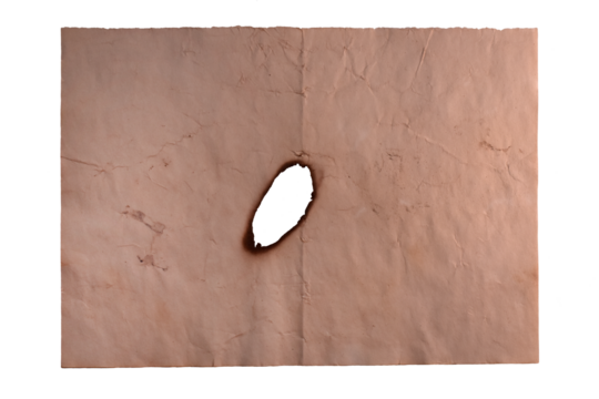 Torn Brown Paper with Central Hole on Neutral Background. Textured brown paper with a circular hole in the center, creating a handmade torn effect ideal for collage or craft design.