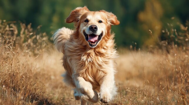 Active Golden Retrievers love outdoor fun running and playing with their owners in dog friendly parks during summer vacations - Powered by Adobe