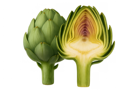 Artichoke whole and cross section showing fresh green vegetable, healthy raw food ingredient, transparent background - Powered by Adobe