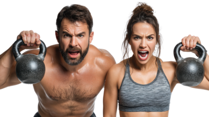 Strength and Determination: A male and female embody strength, lifting kettlebells and showcasing powerful resolve and focused determination.
