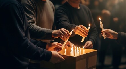 People light candles from a box filled with lit candles against a dark background