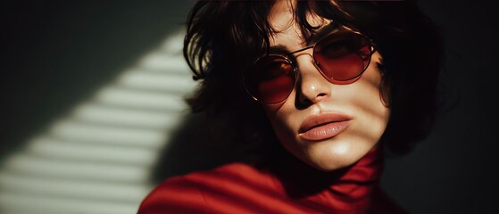 Stylish Woman in Sunglasses with Dramatic Shadows from Blinds on Face