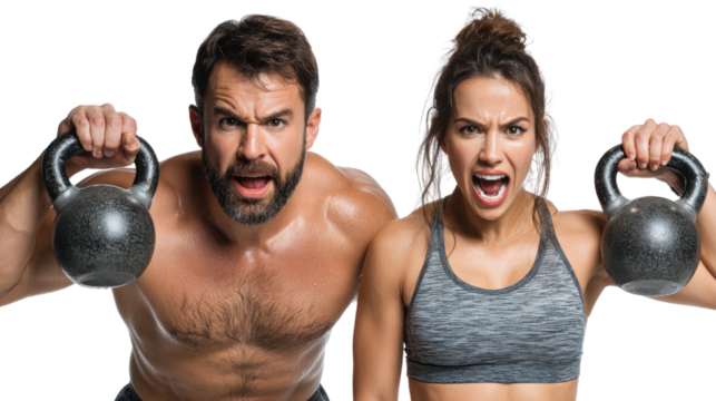 Strength and Determination: A male and female embody strength, lifting kettlebells and showcasing powerful resolve and focused determination.