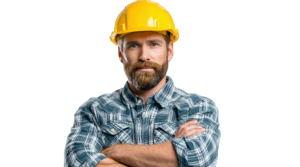 Resolute Builder: A focused construction worker stands with crossed arms, radiating confidence and expertise. Clad in a plaid shirt and yellow hard hat.