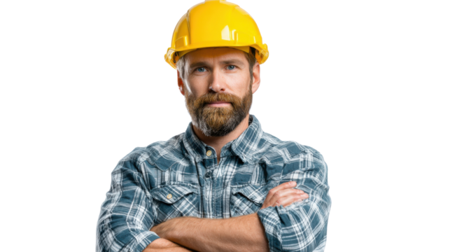 Resolute Builder: A focused construction worker stands with crossed arms, radiating confidence and expertise. Clad in a plaid shirt and yellow hard hat.