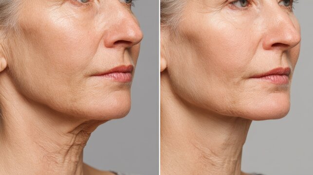 Partial profile of a 50 year old woman addressing neck fat double chin removal sagging skin treatment realistic aging facial lift close up view mature beauty anti aging results compar