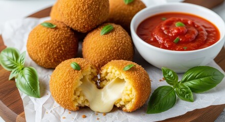 Delicious arancini, a traditional italian rice ball, stuffed with mozzarella cheese and served with marinara sauce and fresh basil leaves