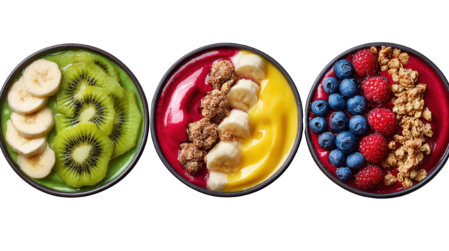 Colorful Bowl: A vibrant assortment of fruit bowls, each brimming with wholesome, natural ingredients, promises a symphony of flavors and textures for a delightful meal.