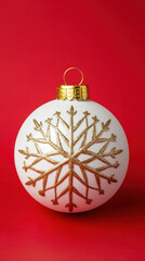 Fototapeta premium White christmas ornament with gold snowflake design festive decoration on red background joyful holiday atmosphere