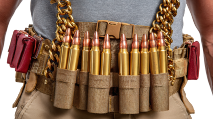 Bullet Belt: A close-up view of a person with a bullet belt showcasing a tactical design filled with ammunition, conveying a sense of preparation, combat, and weaponry.