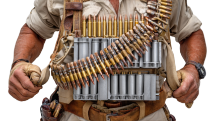 Armed Soldier Ready for Action: A ruggedly equipped soldier stands prepared, his vest laden with ammunition. The image encapsulates the essence of military readiness and the tools of combat.
