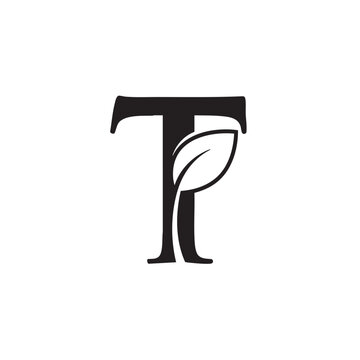 Black letter t with leaf alphabet typography