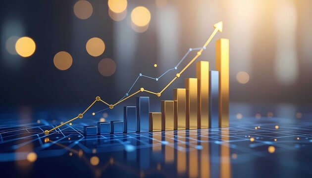 Growth and success are visualized in this dynamic financial image, featuring a golden bar chart and line graph rising upward