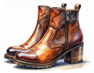 Pair of fashion boots featuring glossy material and a block heel, rendered as a realistic and artistic watercolor illustration