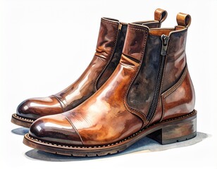 Pair of fashion boots featuring glossy material and a block heel, rendered as a realistic and artistic watercolor illustration