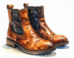 Pair of fashion boots featuring glossy material and a block heel, rendered as a realistic and artistic watercolor illustration