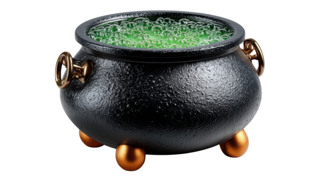 Mystical Brew: A black cauldron bubbles with an eerie green liquid, its simple, yet striking presence adding a touch of fantasy to any scene. 