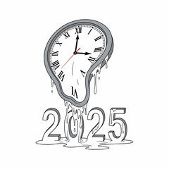 Melting clock surreal concept new year two thousand twenty five vector