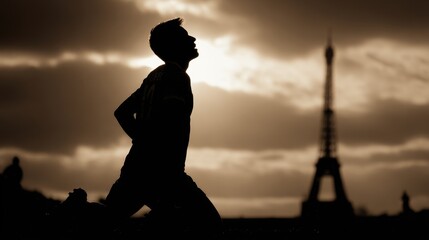 Brazilian soccer player joyfully kneeling in silhouette in Paris on May 3 2013