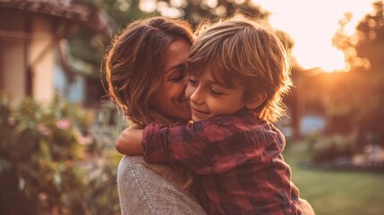 A family shares a joyful hug outdoors creating a loving and supportive moment in the backyard Smiles between parents and child capture a cherished sunny vacation memory