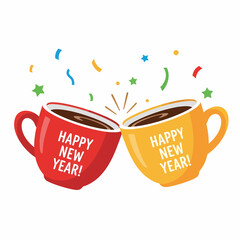 Flat vector two coffee cups celebrating happy new year cheer