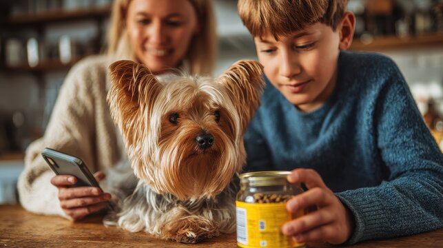 A family opts for canned soft food for their Yorkshire terrier puppy while their son takes photos of the label A teenager scans the QR code on the container