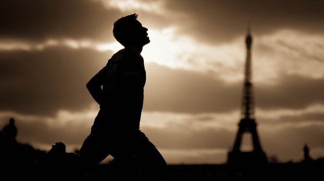 Brazilian soccer player joyfully kneeling in silhouette in Paris on May 3 2013 - Powered by Adobe