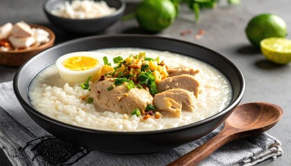 Close up of Filipino Arroz Caldo rice porridge with chicken slices and boiled egg in a black bowl garnished with green onions and crispy garlic served with a wooden spoon and lime on the side