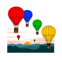 Obraz premium Colorful hot air balloons flying over mountain landscape illustration