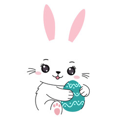 Cute White Easter Bunny Holding Teal Decorative Egg with Pink Ears and Whiskers Adorable Cartoon Character Transparent Background