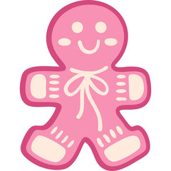 Cute Pink Gingerbread Man Cookie Decoration With Simple Bow and White Details On Transparent Background