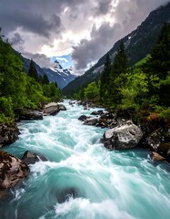 Fototapeta premium Scenic mountain river flowing through a lush green valley under a cloudy sky