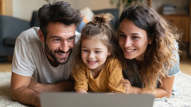 A joyful young family relaxes at home with their daughter using a laptop Happy parents share a weekend together either watching a funny cartoon or on a video call